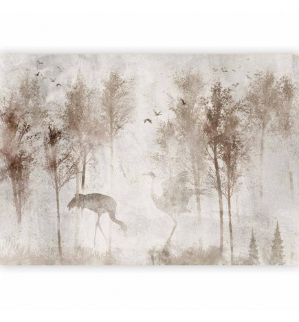 Fototapet - Among the trees - landscape in grey tones in fog in a clearing with birds