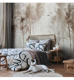Wall Mural - Among the trees - landscape in grey tones in fog in a clearing with birds
