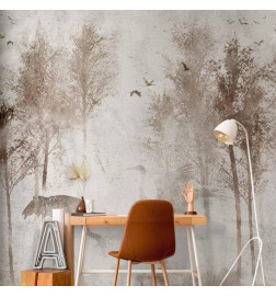 Mural de parede - Among the trees - landscape in grey tones in fog in a clearing with birds