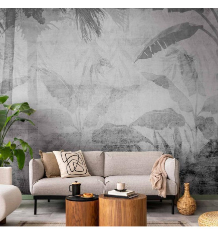 Papier peint - Vanishing jungle - landscape of exotic trees and leaves in grey tones