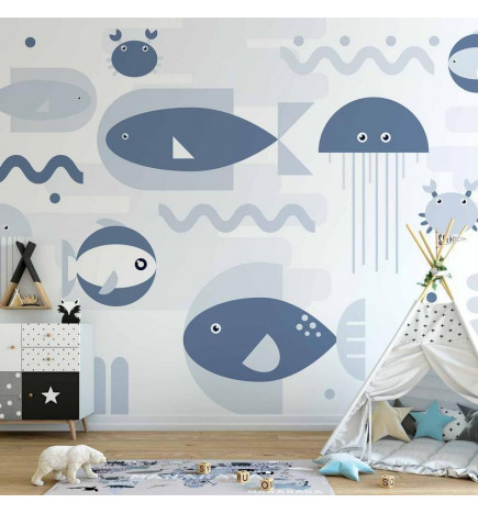 Papier peint - Minimalist ocean - geometric fish and crabs in water for kids