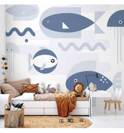 Wall Mural - Minimalist ocean - geometric fish and crabs in water for kids
