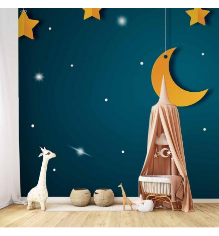 Wall Mural - Skyline - turquoise night sky landscape with stars for children