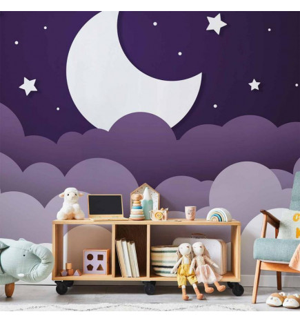 Fototapeet - Moon dream - clouds in a purple sky with stars for children