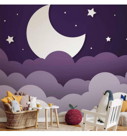 Fotobehang - Moon dream - clouds in a purple sky with stars for children