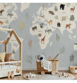 Wall Mural - Pastel Planet - Animals and Underwater Plants on a Map