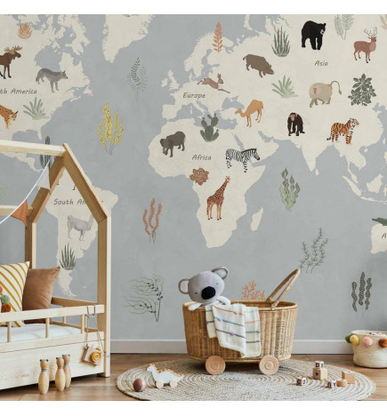 Wall Mural - Pastel Planet - Animals and Underwater Plants on a Map