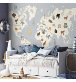 Wall Mural - Pastel Planet - Animals and Underwater Plants on a Map