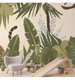 Fotobehang - Leaves and Shapes - Jungle in Faded Colours With Animals