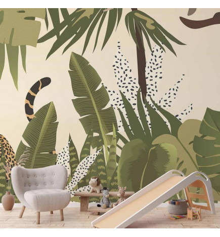 Fotobehang - Leaves and Shapes - Jungle in Faded Colours With Animals