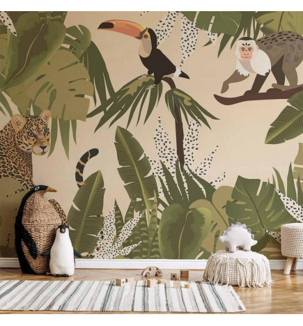 Fototapet - Leaves and Shapes - Jungle in Faded Colours With Animals