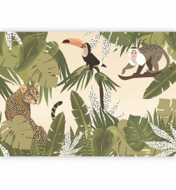 Papier peint - Leaves and Shapes - Jungle in Faded Colours With Animals