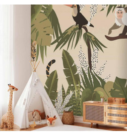 Carta da parati - Leaves and Shapes - Jungle in Faded Colours With Animals