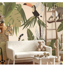 Fototapetti - Leaves and Shapes - Jungle in Faded Colours With Animals