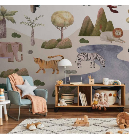 Fototapetti - Africa for Toddlers - Savannah Animals in Pastel Colours