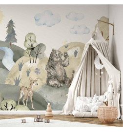 Fototapetas - Green Hills - a Valley With Animals Painted in Watercolours