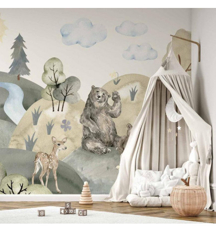 Wall Mural - Green Hills - a Valley With Animals Painted in Watercolours