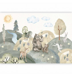Fototapetti - Green Hills - a Valley With Animals Painted in Watercolours