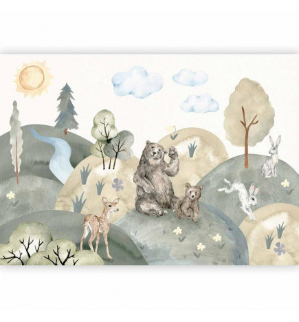 Fototapete - Green Hills - a Valley With Animals Painted in Watercolours