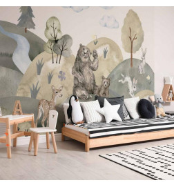 Papier peint - Green Hills - a Valley With Animals Painted in Watercolours