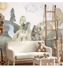 Papier peint - Green Hills - a Valley With Animals Painted in Watercolours