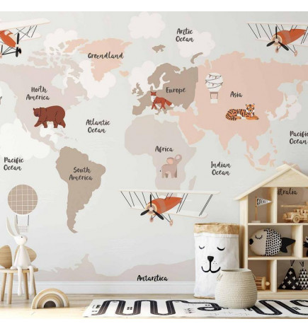 Papier peint - Map in Shades of Beige - Continents With Animals