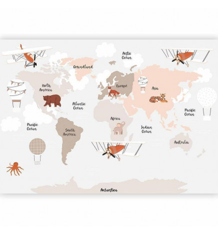 Fototapetti - Map in Shades of Beige - Continents With Animals