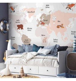 Mural de parede - Map in Shades of Beige - Continents With Animals