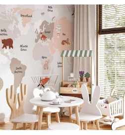 Wall Mural - Map in Shades of Beige - Continents With Animals