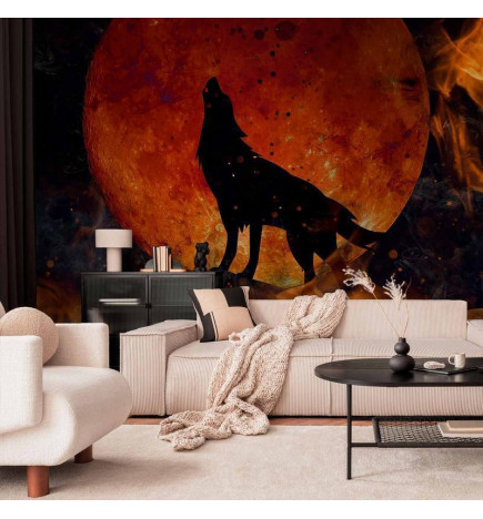 Mural de parede - Wild nature - wolf on a background of a red moon in flames of fire