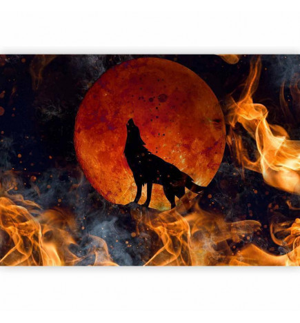 Fototapet - Wild nature - wolf on a background of a red moon in flames of fire