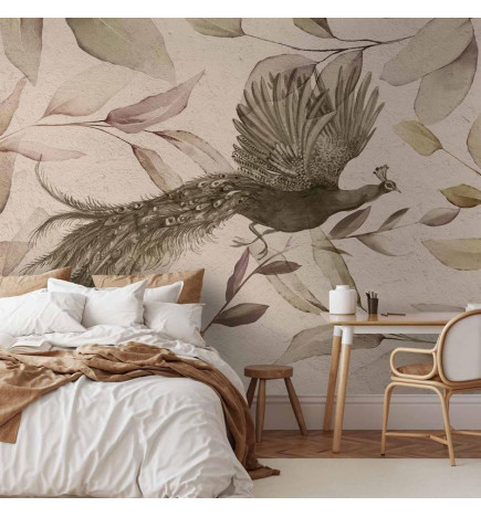 Fototapet - Bird among the leaves - floral motif with a flying peacock in cool tones