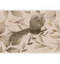 Mural de parede - Bird among the leaves - floral motif with a flying peacock in cool tones