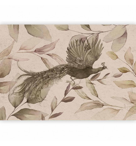 Mural de parede - Bird among the leaves - floral motif with a flying peacock in cool tones