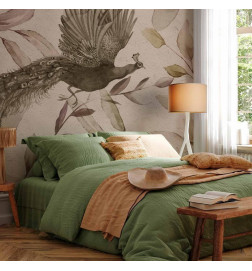 Papier peint - Bird among the leaves - floral motif with a flying peacock in cool tones