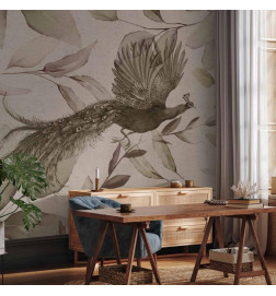 Papier peint - Bird among the leaves - floral motif with a flying peacock in cool tones