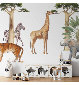 Wall Mural - Jungle Animals on White Background Made With Watercolour Technique