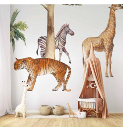 Wall Mural - Jungle Animals on White Background Made With Watercolour Technique