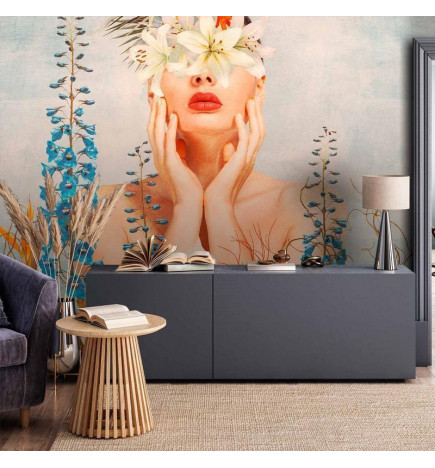 Fotobehang - Nature in thought - female figure among flowers on a patterned background