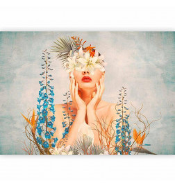 Fotobehang - Nature in thought - female figure among flowers on a patterned background