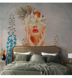 Fototapeta - Nature in thought - female figure among flowers on a patterned background