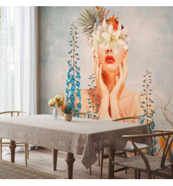 Wall Mural - Nature in thought - female figure among flowers on a patterned background