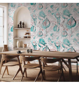Mural de parede - Autumn souvenirs - floral pattern with turquoise leaves