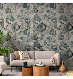 Fototapete - Autumn souvenirs - cool grey floral pattern with leaves