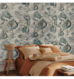 Fotomural - Autumn souvenirs - cool grey floral pattern with leaves