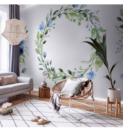 Fototapete - Romantic wreath - plant motif with blue flowers and leaves