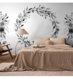 Papier peint - Romantic wreath - grey plant motif with leaves with rose pattern