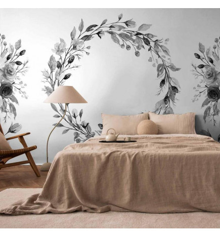 Carta da parati - Romantic wreath - grey plant motif with leaves with rose pattern