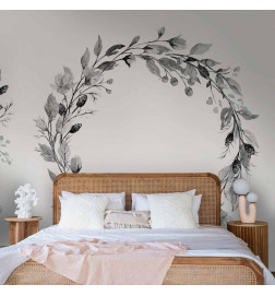 Mural de parede - Romantic wreath - grey plant motif with leaves with rose pattern