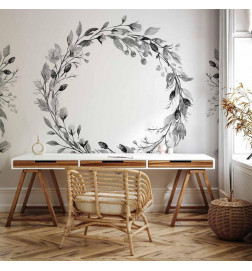 Wall Mural - Romantic wreath - grey plant motif with leaves with rose pattern